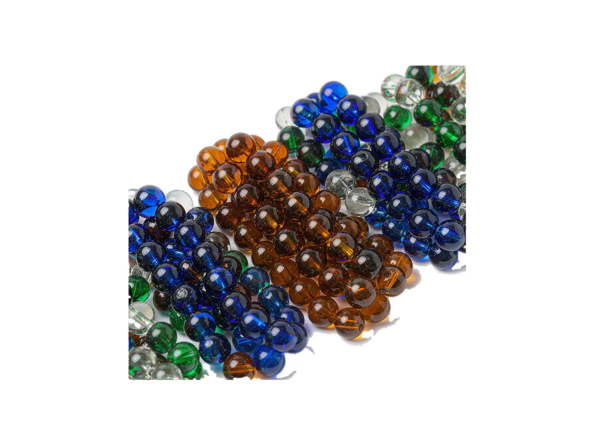 Coloured glass beads in amber, blue, green and clear